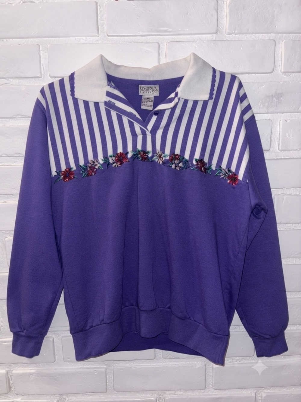 Koret Purple & White Striped Collar Floral-Embroidered Sweatshirt